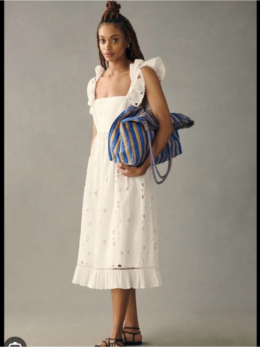White Eyelet Midi Dress with Ruffled Straps